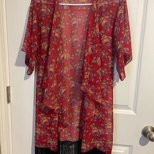Floral Red Jacket/Wrap Sheer with Fringe. Long. Size S  18.5” pit to pit.